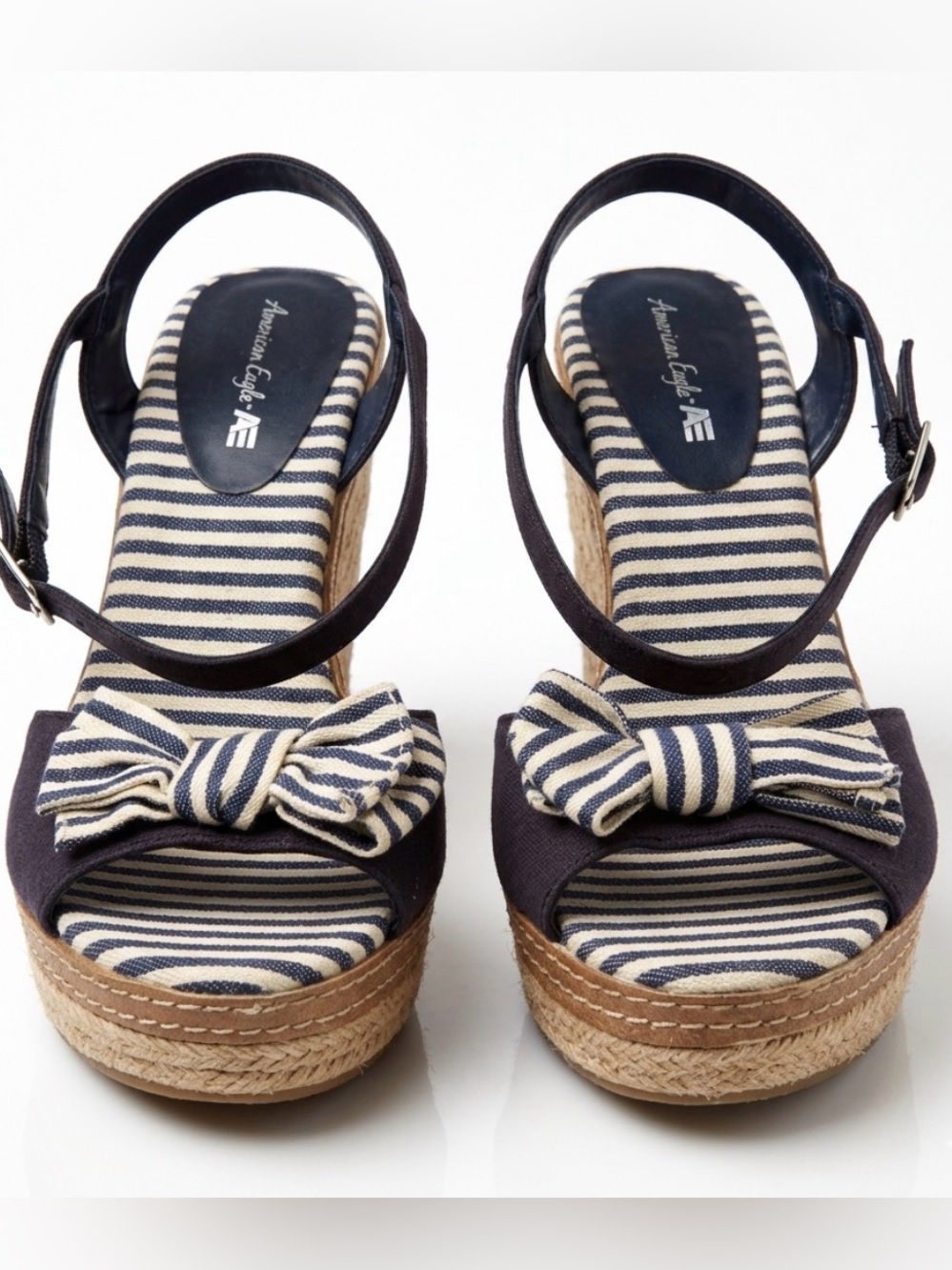 American Eagle Outfitters Navy and Cream Striped Espadrille Wedges